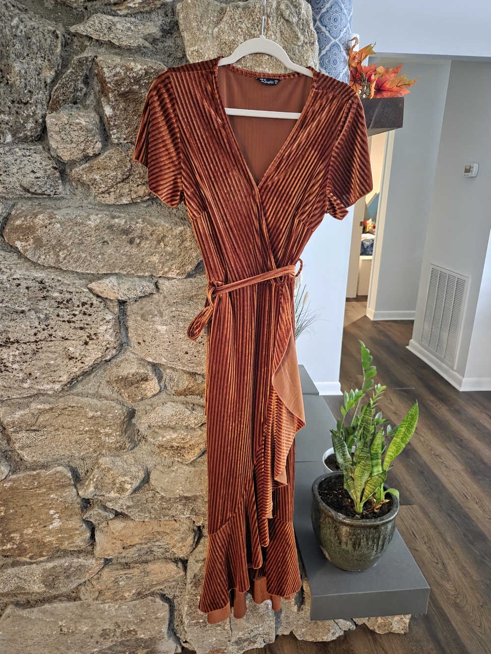 Rust Velvet Wrap Maxi Dress
